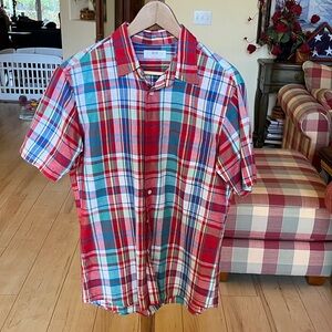 Uniqlo Men's Red and Blue Plaid Shirt size Med